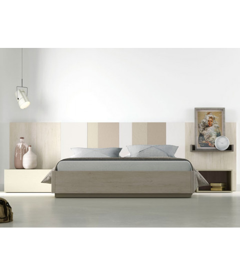 Dormitorio moderno con cabecero de madera en Muebles Valencia (Madrid)