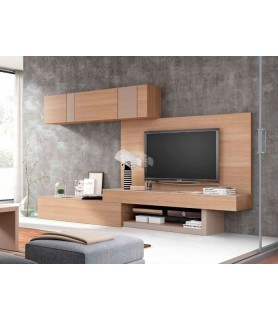 Salón moderno con panel trasero de TV
