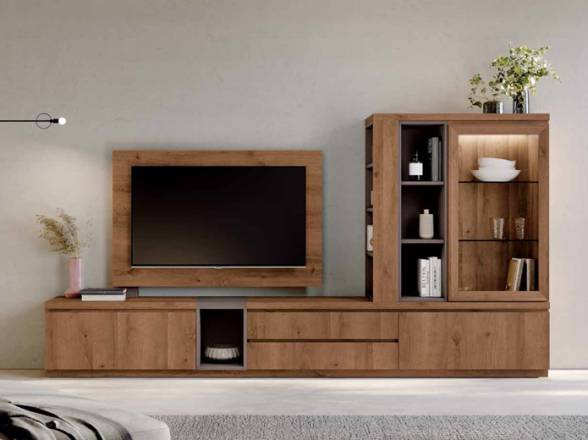 mueble de salón con vitrina y estantes