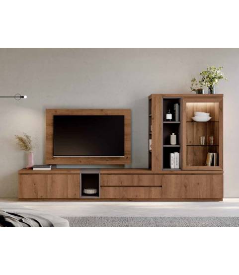 mueble de salón con vitrina y estantes