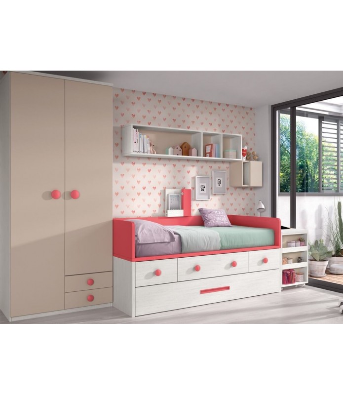 ▷ Dormitorio juvenil con cama nido con cajones + Estantería y Escritorio