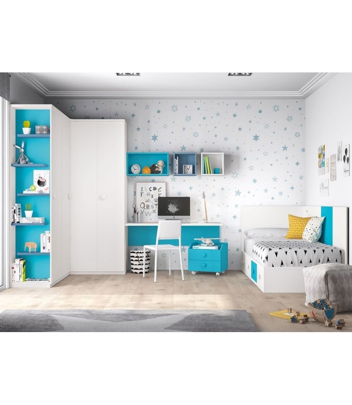 Habitación con cama compacta con zona de estudio y armario esquinero - Cama  Compacta (Madrid)