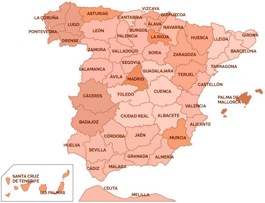 Mapa de España con las Tiendas de Muebles.Tienda
